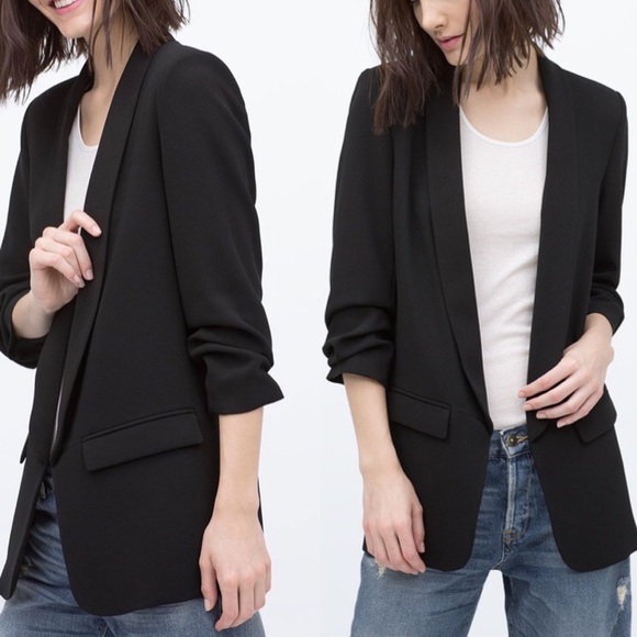 Zara Jackets & Blazers - Zara Black Longline Ruched Sleeve Blazer Size XS